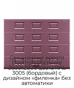 Секционные ворота DoorHan стальные 2600х2800 цвета RAL 3005 (бордовый) с дизайном «филенка» без автоматики