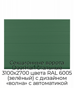 Секционные ворота DoorHan стальные 3100х2700 цвета RAL 6005 (зелёный) с дизайном «волна» с автоматикой preview 1