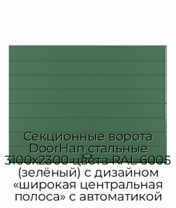 Секционные ворота DoorHan стальные 3100х2300 цвета RAL 6005 (зелёный) с дизайном «широкая центральная полоса» с автоматикой preview 1