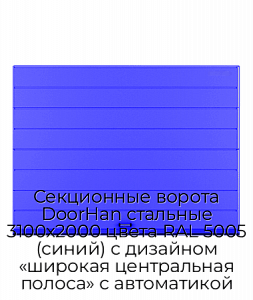 Секционные ворота DoorHan стальные 3100х2000 цвета RAL 5005 (синий) с дизайном «широкая центральная полоса» с автоматикой preview 1