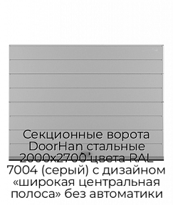 Секционные ворота DoorHan стальные 2000х2700 цвета RAL 7004 (серый) с дизайном «широкая центральная полоса» без автоматики