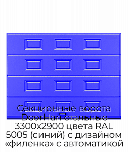 Секционные ворота DoorHan стальные 3300х2900 цвета RAL 5005 (синий) с дизайном «филенка» с автоматикой preview 1