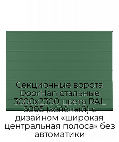 Секционные ворота DoorHan стальные 3000х2300 цвета RAL 6005 (зелёный) с дизайном «широкая центральная полоса» без автоматики