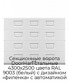 Секционные ворота DoorHan стальные 4300х2500 цвета RAL 9003 (белый) с дизайном «филенка» с автоматикой