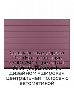 Секционные ворота DoorHan стальные 2600х2500 цвета RAL 3005 (бордовый) с дизайном «широкая центральная полоса» с автоматикой