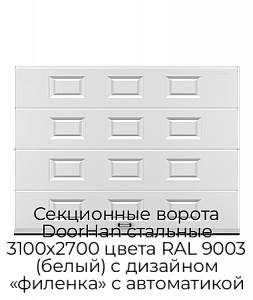 Секционные ворота DoorHan стальные 3100х2700 цвета RAL 9003 (белый) с дизайном «филенка» с автоматикой preview 1