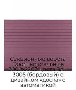 Секционные ворота DoorHan стальные 3000х2200 цвета RAL 3005 (бордовый) с дизайном «доска» с автоматикой
