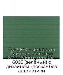 Секционные ворота DoorHan стальные 2600х2800 цвета RAL 6005 (зелёный) с дизайном «доска» без автоматики preview 1