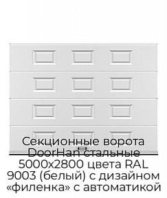 Секционные ворота DoorHan стальные 5000х2800 цвета RAL 9003 (белый) с дизайном «филенка» с автоматикой