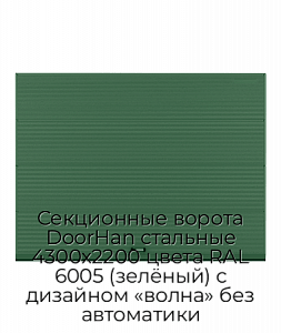 Секционные ворота DoorHan стальные 4300х2200 цвета RAL 6005 (зелёный) с дизайном «волна» без автоматики preview 1