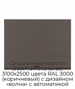 Секционные ворота DoorHan стальные 3100х2500 цвета RAL 3000 (коричневый) с дизайном «волна» с автоматикой preview 1