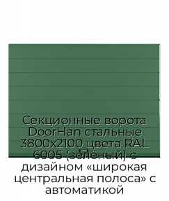 Секционные ворота DoorHan стальные 3800х2100 цвета RAL 6005 (зелёный) с дизайном «широкая центральная полоса» с автоматикой