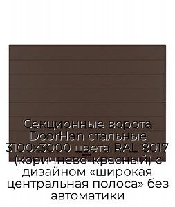 Секционные ворота DoorHan стальные 3100х3000 цвета RAL 8017 (коричнево-красный) с дизайном «широкая центральная полоса» без автоматики preview 1