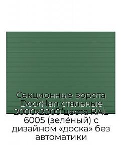 Секционные ворота DoorHan стальные 2000х2200 цвета RAL 6005 (зелёный) с дизайном «доска» без автоматики