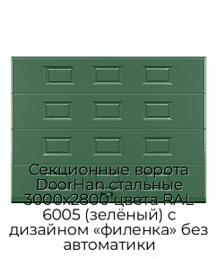 Секционные ворота DoorHan стальные 3000х2800 цвета RAL 6005 (зелёный) с дизайном «филенка» без автоматики