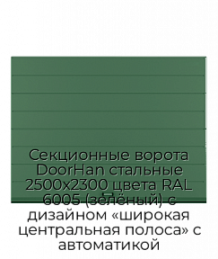 Секционные ворота DoorHan стальные 2500х2300 цвета RAL 6005 (зелёный) с дизайном «широкая центральная полоса» с автоматикой