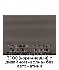 Секционные ворота DoorHan стальные 3000х2800 цвета RAL 3000 (коричневый) с дизайном «волна» без автоматики preview 1