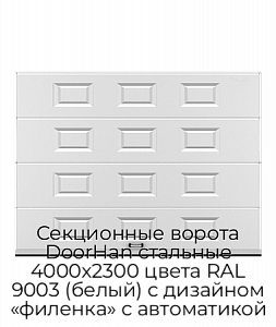 Секционные ворота DoorHan стальные 4000х2300 цвета RAL 9003 (белый) с дизайном «филенка» с автоматикой preview 1