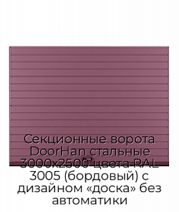 Секционные ворота DoorHan стальные 3000х2500 цвета RAL 3005 (бордовый) с дизайном «доска» без автоматики preview 1