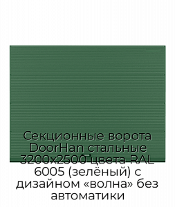 Секционные ворота DoorHan стальные 3200х2500 цвета RAL 6005 (зелёный) с дизайном «волна» без автоматики preview 1