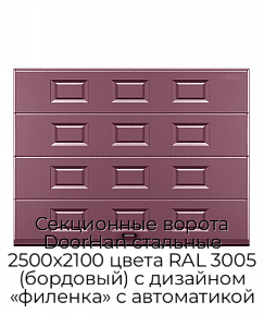 Секционные ворота DoorHan стальные 2500х2100 цвета RAL 3005 (бордовый) с дизайном «филенка» с автоматикой