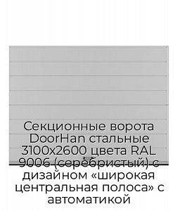 Секционные ворота DoorHan стальные 3100х2600 цвета RAL 9006 (серебристый) с дизайном «широкая центральная полоса» с автоматикой preview 1