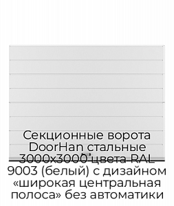 Секционные ворота DoorHan стальные 3000х3000 цвета RAL 9003 (белый) с дизайном «широкая центральная полоса» без автоматики preview 1