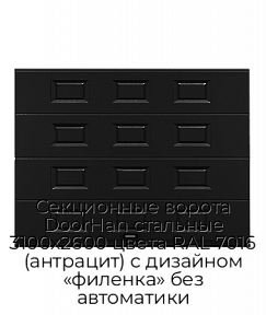 Секционные ворота DoorHan стальные 3100х2600 цвета RAL 7016 (антрацит) с дизайном «филенка» без автоматики