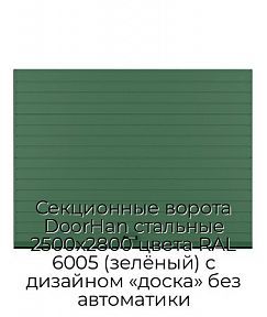 Секционные ворота DoorHan стальные 2500х2800 цвета RAL 6005 (зелёный) с дизайном «доска» без автоматики