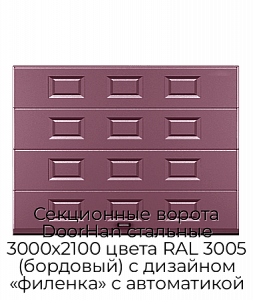 Секционные ворота DoorHan стальные 3000х2100 цвета RAL 3005 (бордовый) с дизайном «филенка» с автоматикой preview 1
