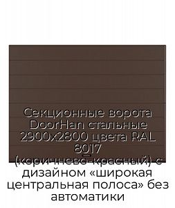 Секционные ворота DoorHan стальные 2900х2800 цвета RAL 8017 (коричнево-красный) с дизайном «широкая центральная полоса» без автоматики preview 1