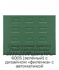Секционные ворота DoorHan стальные 2000х2000 цвета RAL 6005 (зелёный) с дизайном «филенка» с автоматикой