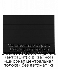Секционные ворота DoorHan стальные 2100х3000 цвета RAL 7016 (антрацит) с дизайном «широкая центральная полоса» без автоматики