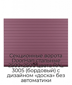 Секционные ворота DoorHan стальные 2500х2500 цвета RAL 3005 (бордовый) с дизайном «доска» без автоматики