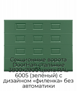 Секционные ворота DoorHan стальные 3800х2900 цвета RAL 6005 (зелёный) с дизайном «филенка» без автоматики preview 1