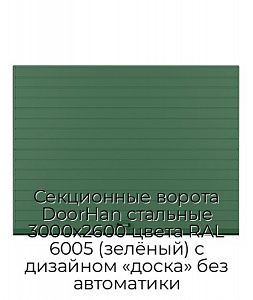 Секционные ворота DoorHan стальные 3000х2600 цвета RAL 6005 (зелёный) с дизайном «доска» без автоматики preview 1