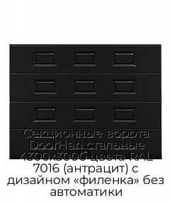 Секционные ворота DoorHan стальные 4300х3000 цвета RAL 7016 (антрацит) с дизайном «филенка» без автоматики