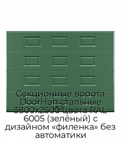 Секционные ворота DoorHan стальные 3800х2500 цвета RAL 6005 (зелёный) с дизайном «филенка» без автоматики