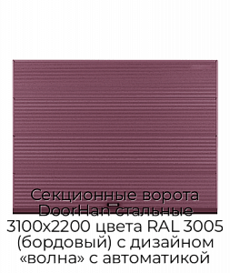 Секционные ворота DoorHan стальные 3100х2200 цвета RAL 3005 (бордовый) с дизайном «волна» с автоматикой preview 1