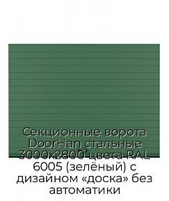 Секционные ворота DoorHan стальные 3000х2800 цвета RAL 6005 (зелёный) с дизайном «доска» без автоматики