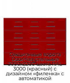 Секционные ворота DoorHan стальные 3000х2200 цвета RAL 3000 (красный) с дизайном «филенка» с автоматикой