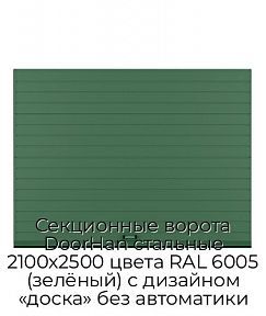 Секционные ворота DoorHan стальные 2100х2500 цвета RAL 6005 (зелёный) с дизайном «доска» без автоматики
