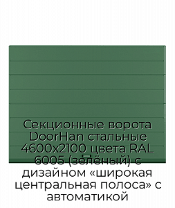 Секционные ворота DoorHan стальные 4600х2100 цвета RAL 6005 (зелёный) с дизайном «широкая центральная полоса» с автоматикой preview 1