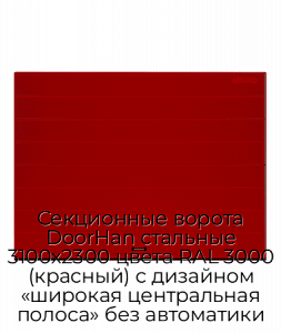 Секционные ворота DoorHan стальные 3100х2300 цвета RAL 3000 (красный) с дизайном «широкая центральная полоса» без автоматики preview 1