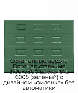 Секционные ворота DoorHan стальные 3100х2800 цвета RAL 6005 (зелёный) с дизайном «филенка» без автоматики preview 1