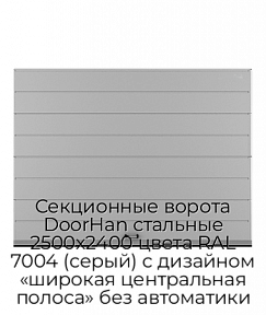 Секционные ворота DoorHan стальные 2500х2400 цвета RAL 7004 (серый) с дизайном «широкая центральная полоса» без автоматики