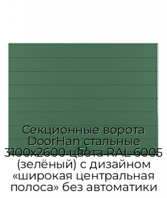 Секционные ворота DoorHan стальные 3100х2600 цвета RAL 6005 (зелёный) с дизайном «широкая центральная полоса» без автоматики