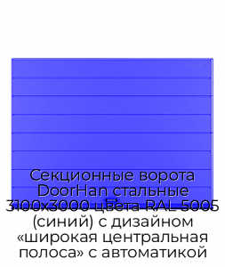 Секционные ворота DoorHan стальные 3100х3000 цвета RAL 5005 (синий) с дизайном «широкая центральная полоса» с автоматикой preview 1