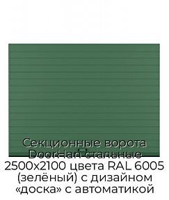 Секционные ворота DoorHan стальные 2500х2100 цвета RAL 6005 (зелёный) с дизайном «доска» с автоматикой